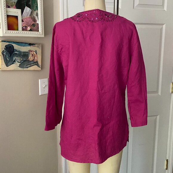 OLD NAVY Magenta LINEN Beaded Bohemian Hippie Lounge Tunic shirt *MEDIUM* - Picture 4 of 6